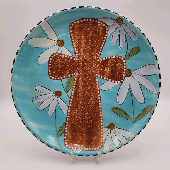 Ceramic Handpainted Bowl Cross Daisies Flowers Faith Based Decor Easter Lent - Picture 1 of 11